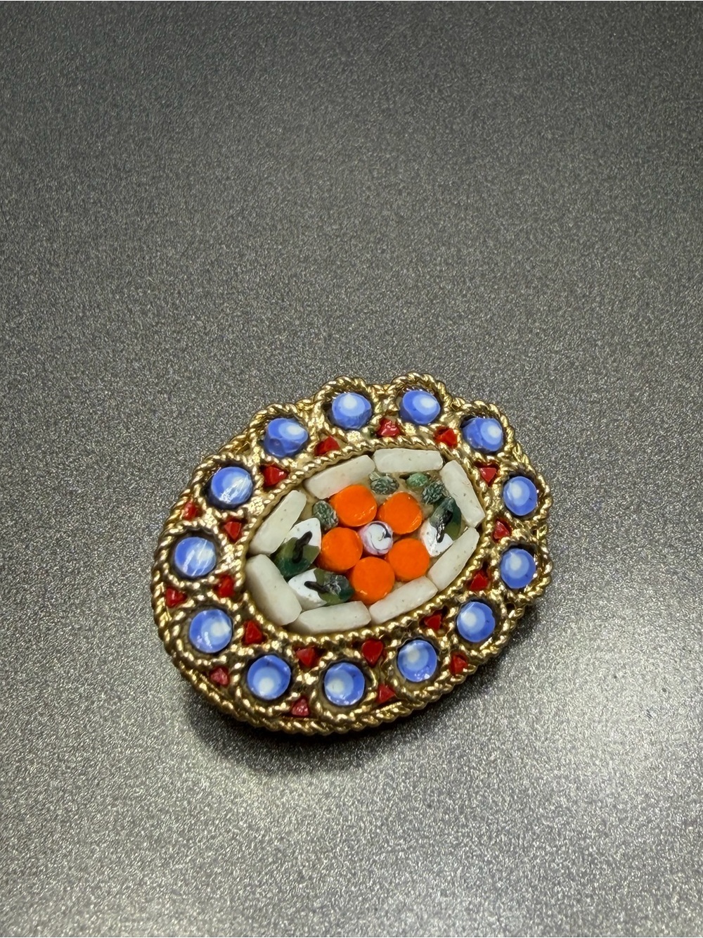 💚2/$60 Vintage Floral Mosaic Brooch with Blue and Orange Accents #16mo